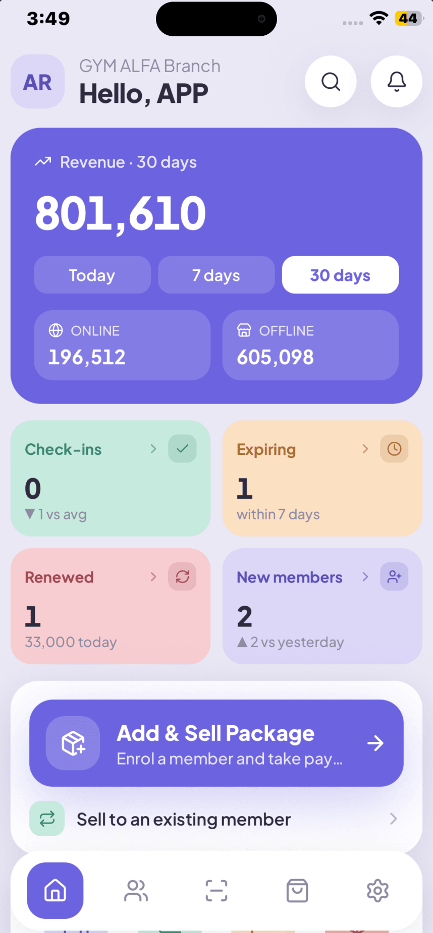 The GYMTROX Business app — today's revenue, check-ins and expiring memberships on the owner's phone