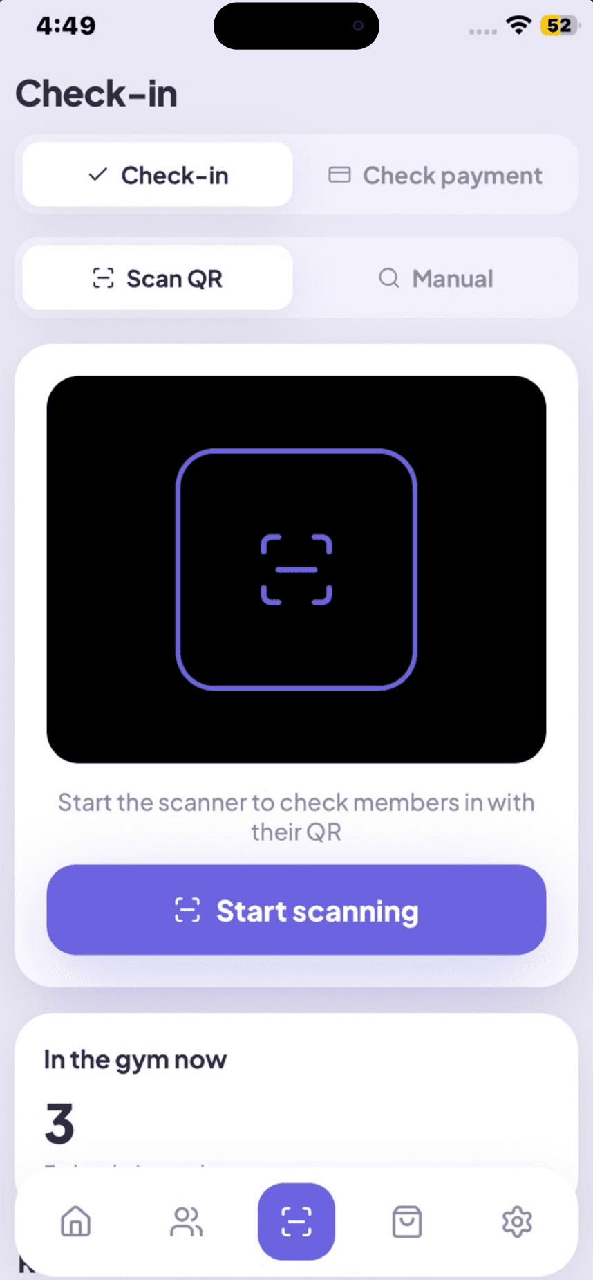 GYMTROX Business — front-desk QR scanner confirming a member check-in